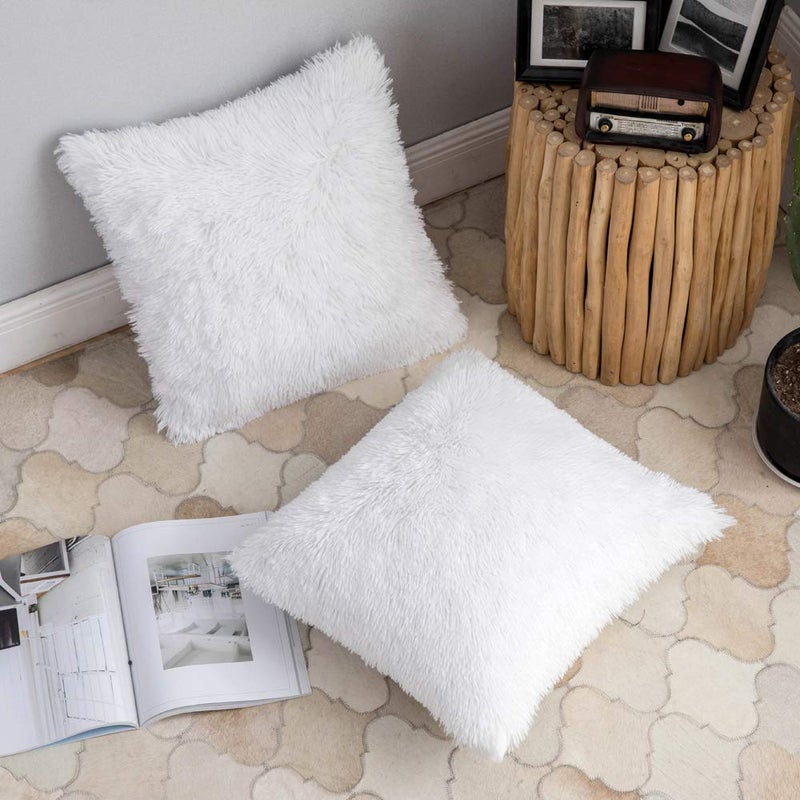 ANRODUO Pack of 2 White Throw Pillow Covers Luxury Fluffy Pillows Faux Fur Decorative Pillows Plush Cushion Case Fuzzy Mongolian Merin Style for Bed Couch Sofa Living Room Spring Decor 18x18 Inch - Image 2